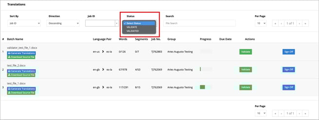 sort filter by status