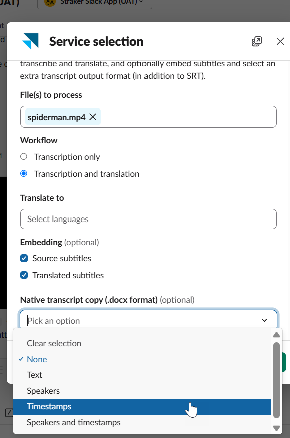 Service selection window in Slack