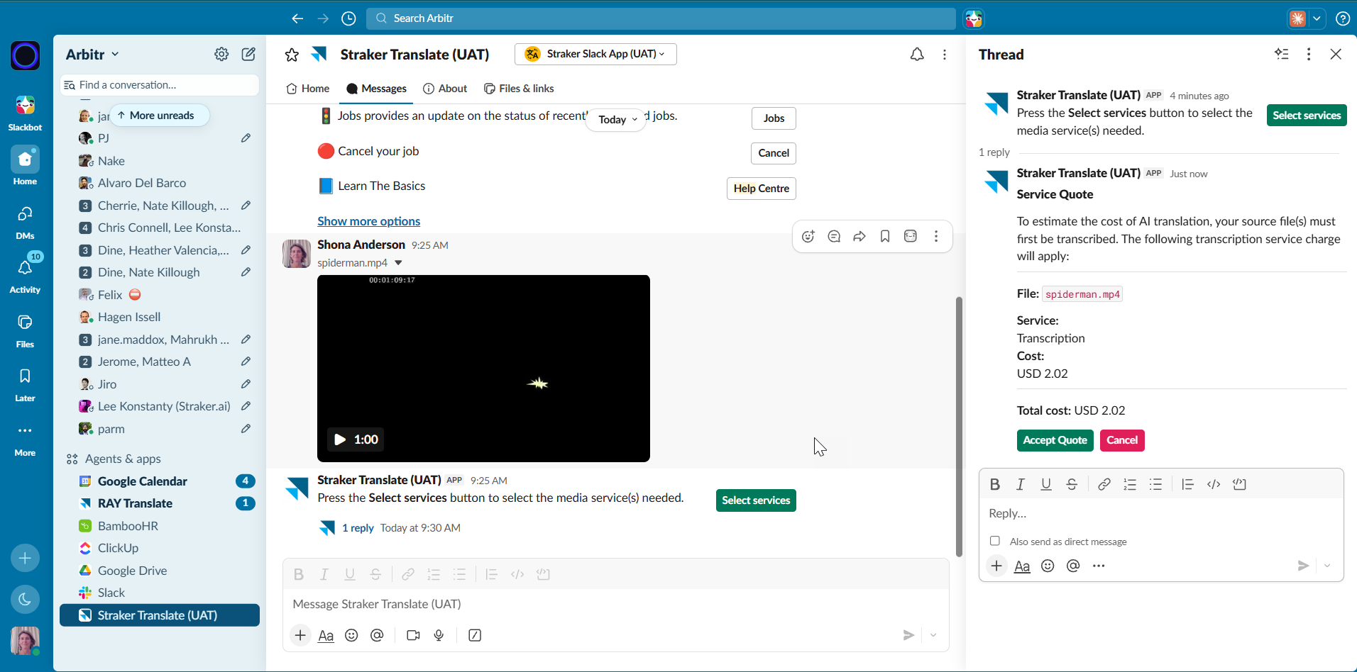 Transcription quote for transcription and translation in Slack