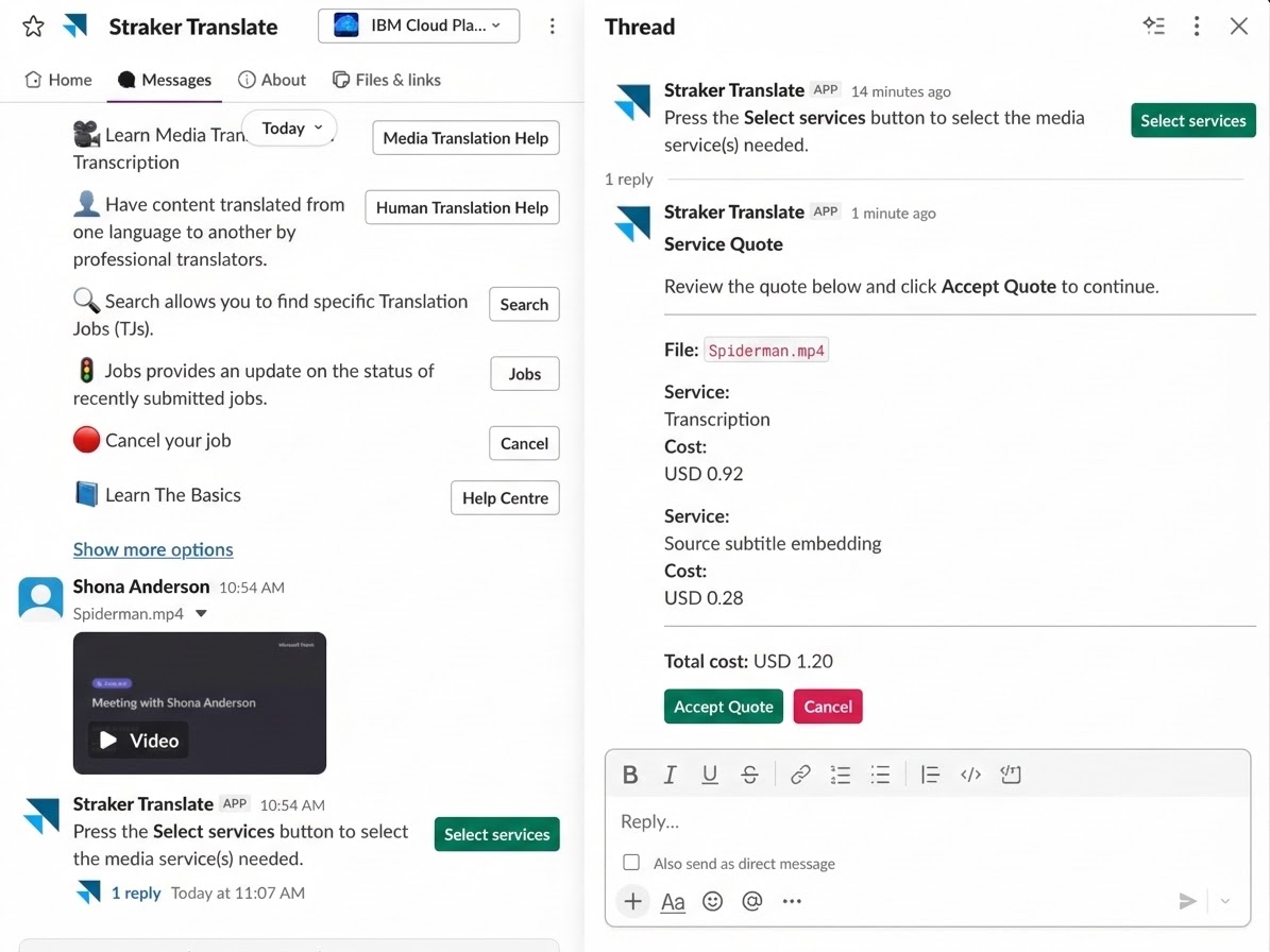 Service quote for transcription in Slack