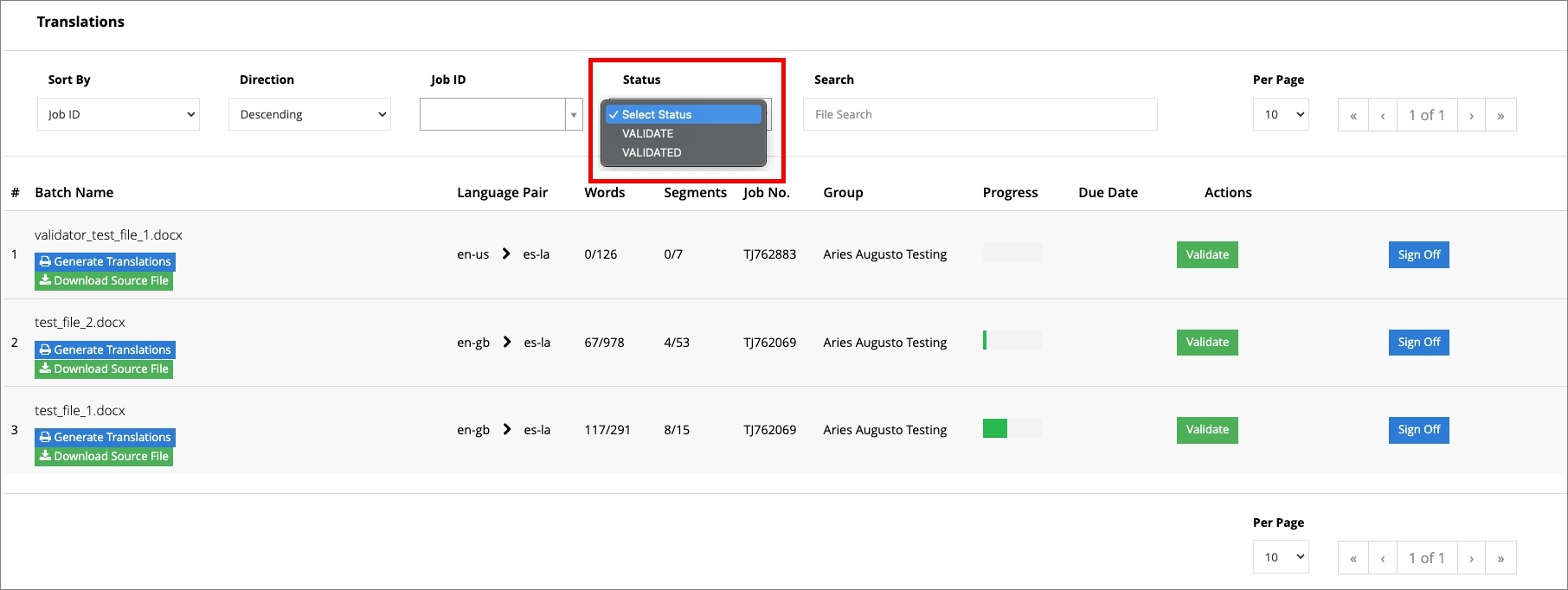 sort filter by status
